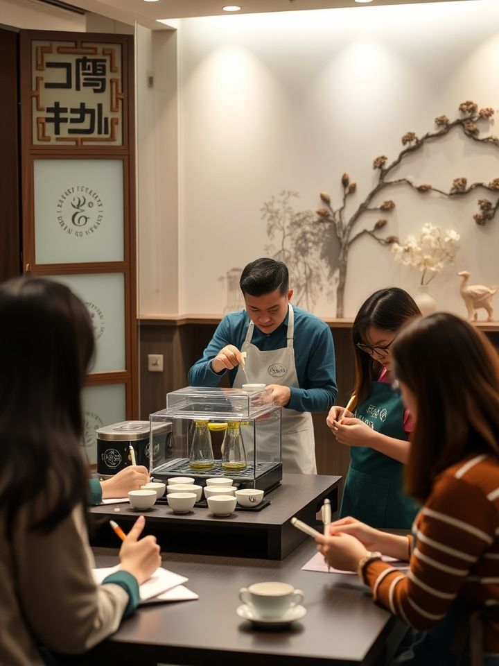 加盟商培训现场，讲师在透明操作间示范拉茶手法，学员佩戴定制围裙记录要点