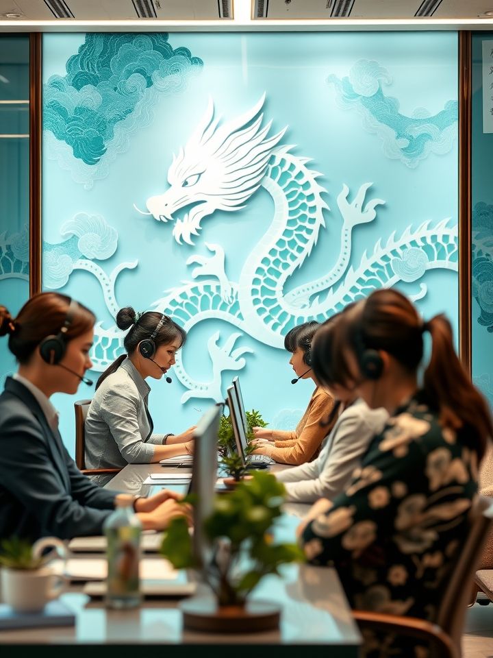 明亮通透总部客服中心场景，工作人员戴耳机接听电话，背景墙展示品牌标志性龙纹图腾