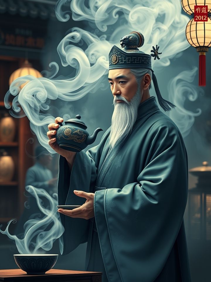 展示古色古香制茶师傅手持龙纹茶壶，蒸汽氤氲中浮现现代门店形象