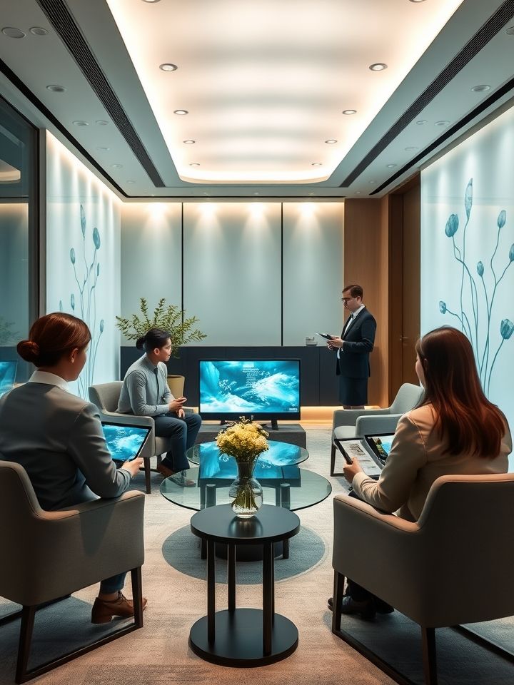 龙的良方总部实景图，现代化办公空间内顾问正通过智能系统为加盟商演示数据化运营模型