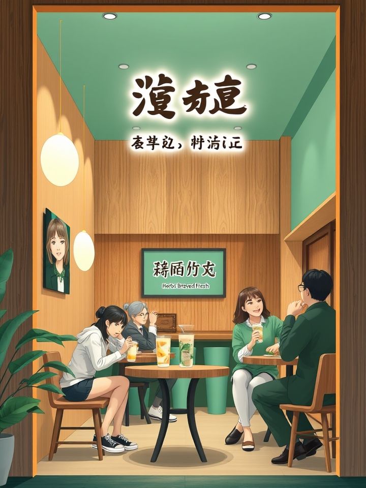 龙的良方奶茶怎么加盟相关的**插图1**: 现代化门店实景图（木质主调空间内，顾客正在品尝招牌龙井奶青，背景可见“本草现熬”工