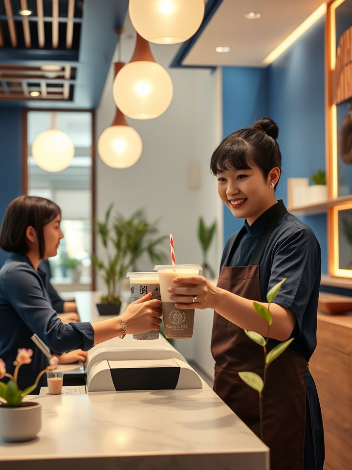 展示明亮时尚的奶茶门店实景图，店员为顾客递送印有“龙的良方式茶”定制杯套的饮品