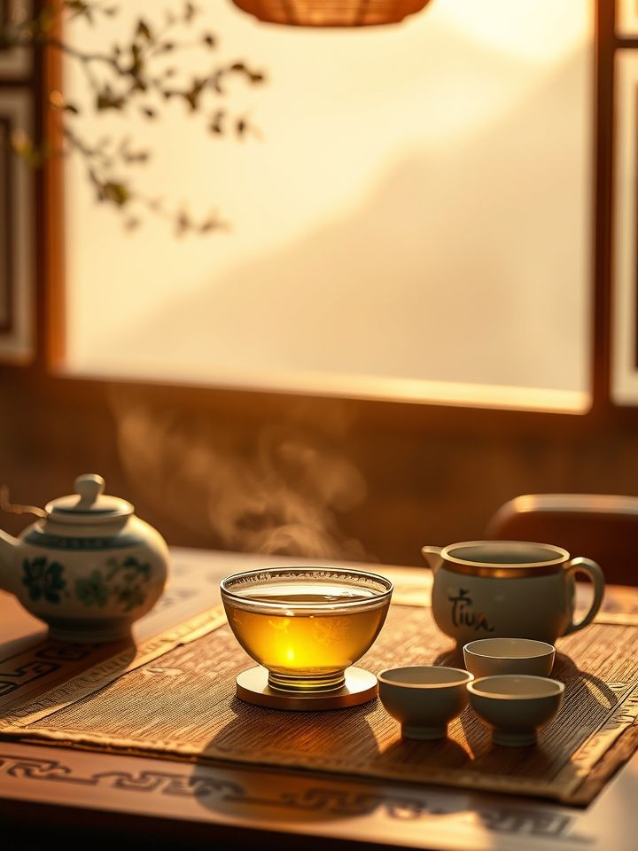 传递温暖雅致品茗氛围的暖光下六堡茶茶汤与中式茶席