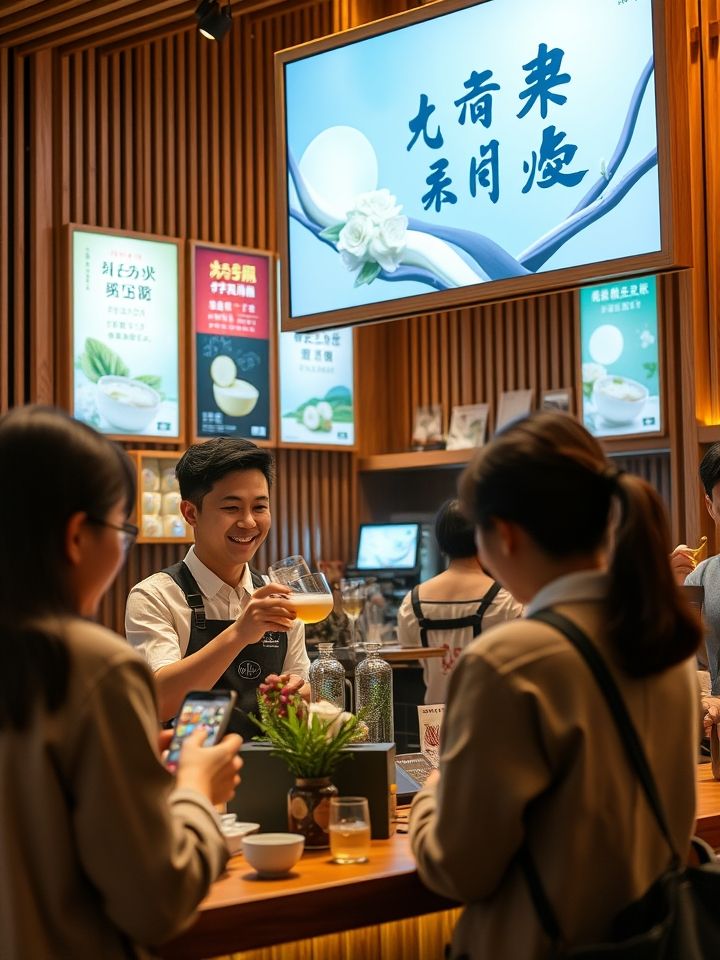 木质风格吧台前，笑容满面的店员为顾客递上饮品，背景电子屏展示当季爆款海报，顾客正在选购招牌龙井鲜牛乳系列