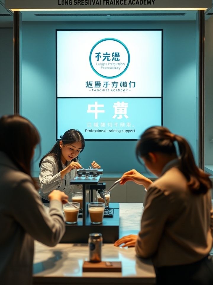 展示加盟商培训现场实拍图，学员在透明操作间学拉花技巧，背景电子屏有“龙的良方加盟学院”标识，强调专业培训支持