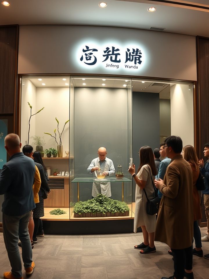 成功案例展示，银川金凤万达加盟店全日景照片，透明操作间内茶艺师正在冲泡龙井茶叶，排队顾客延伸至店外五米
