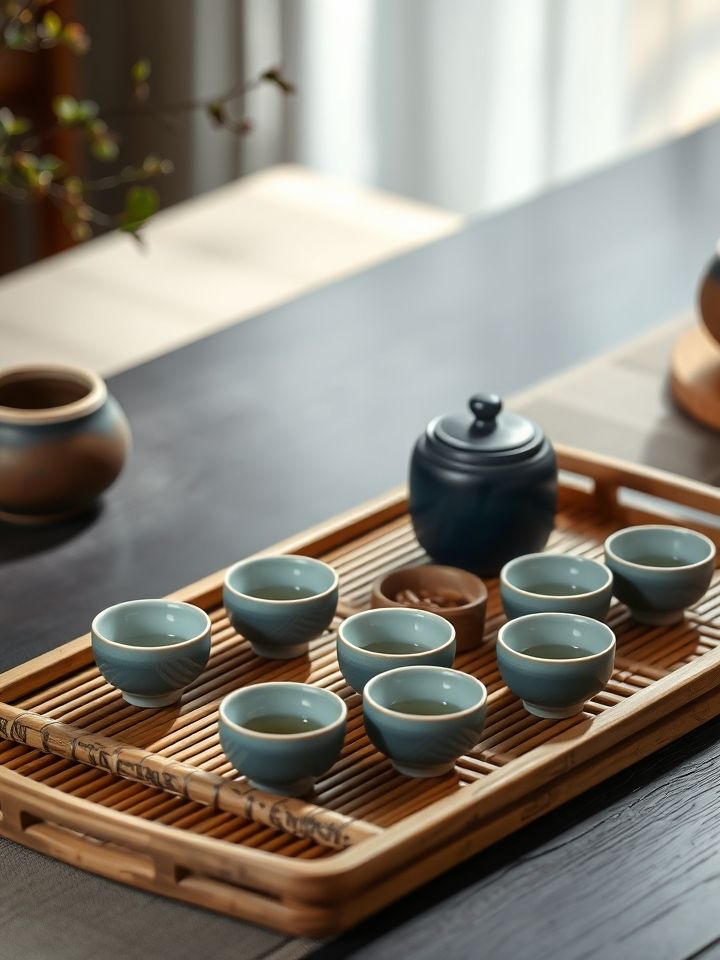 茶席全景，包含竹制茶盘、青瓷品茗杯与茶叶罐