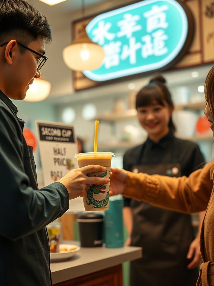 突出龙的良方奶茶明亮整洁门店氛围与产品细节，展示店员为顾客递送带有品牌标志性龙纹杯套的饮品，背景有“第二杯半价”活动立牌