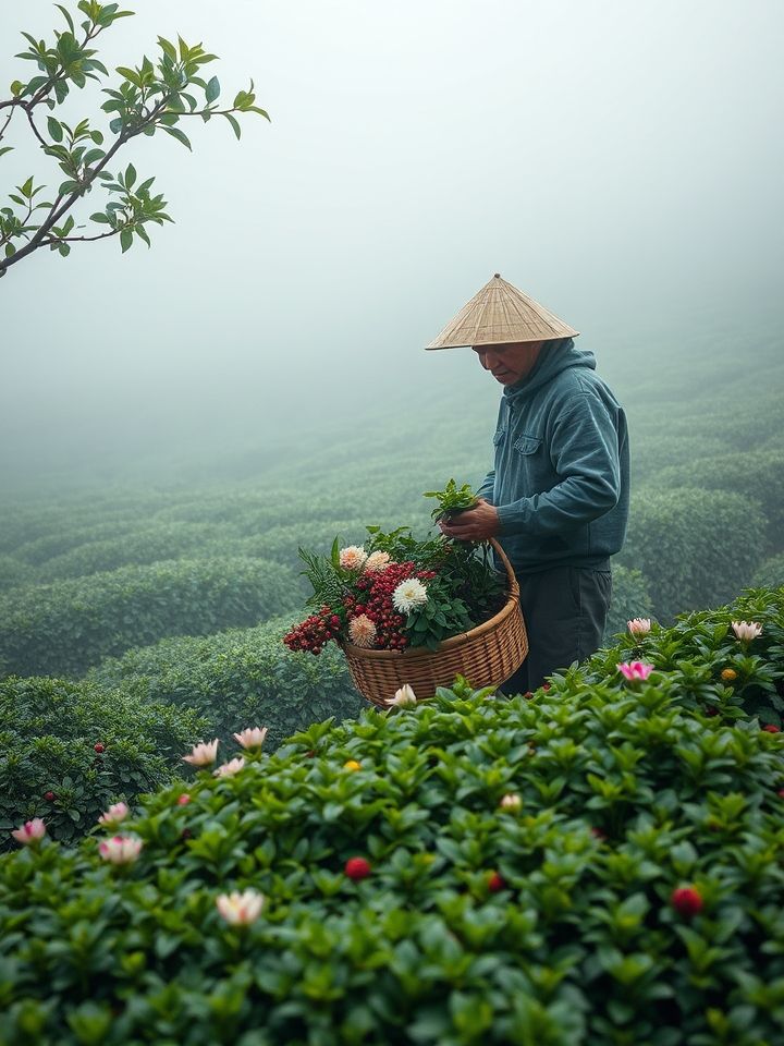 茶农在云雾缭绕的茶园手工采摘，竹筐中盛满新鲜菊花与枸杞