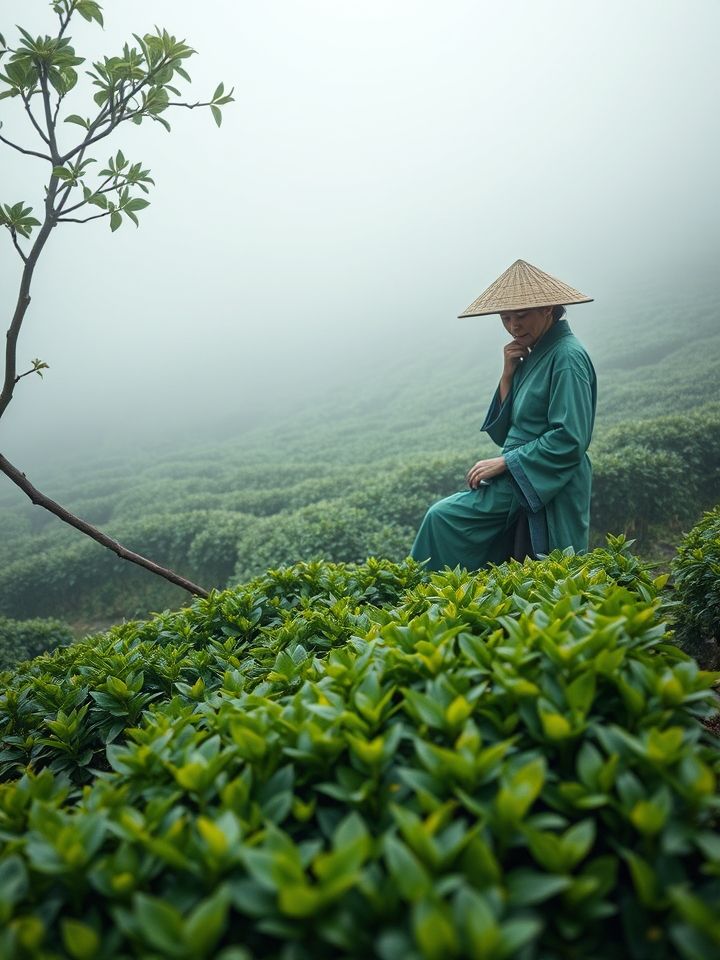 茶中极品是什么茶相关的**插图1**：云雾缭绕的高山茶园中，茶农身着传统服饰，指尖轻触嫩绿芽尖。（配图建议：展现生态茶园与