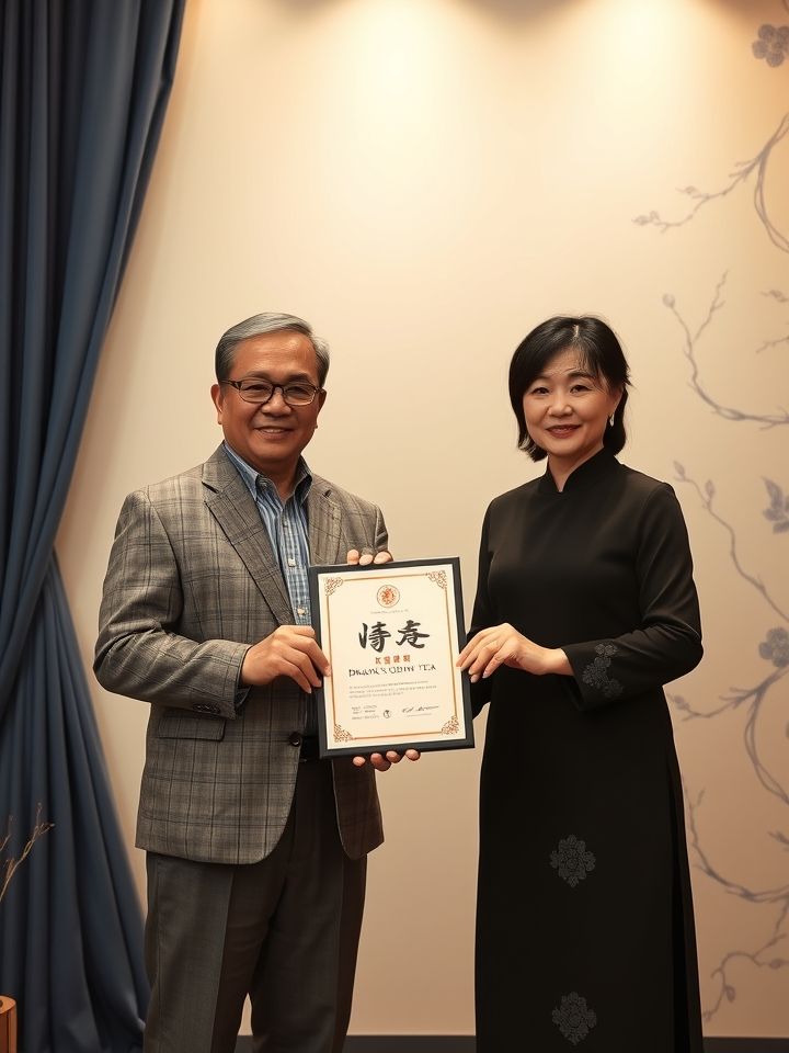 加盟签约仪式现场，创业者与品牌代表手持“龙的良方式茶”授权牌合影