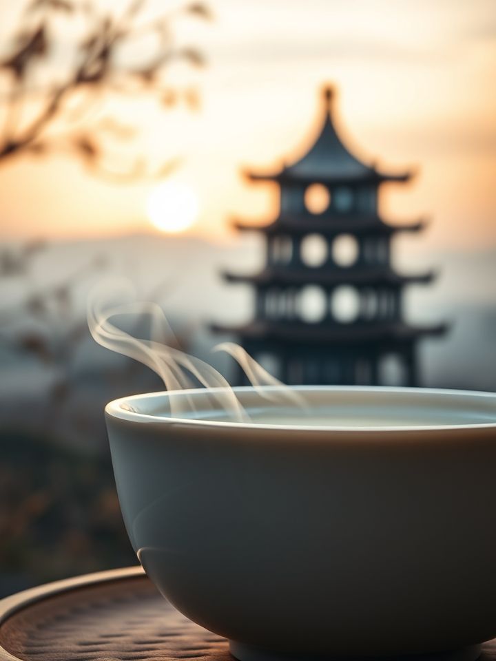 产品特写，青瓷盖碗盛装奶茶，杯口有热气，背景为吴忠鼓楼剪影