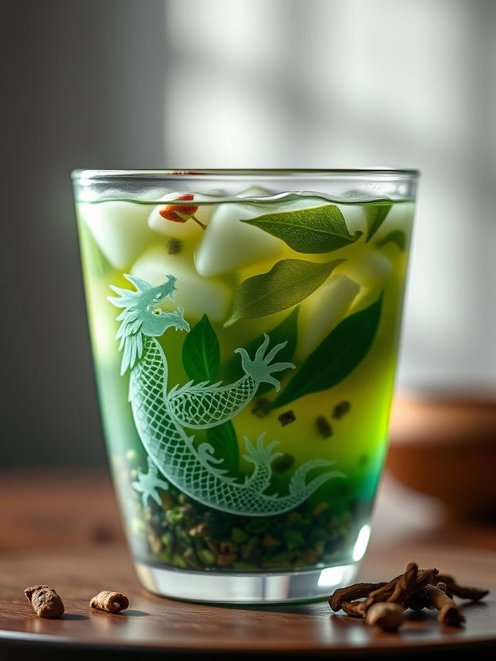 龙的良方式茶招牌产品特写，琉璃杯中的分层茶饮搭配新鲜草本原料摆盘
