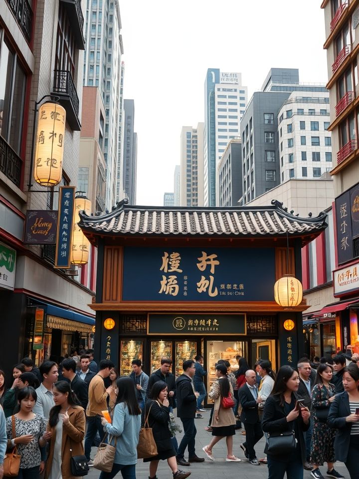 甘肃城市商圈人潮涌动的饮品消费场景，突出“龙的良方式茶”门店形象