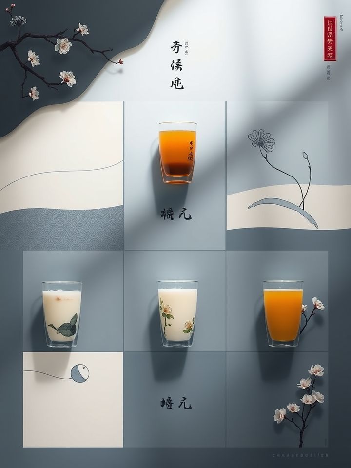 九宫格产品矩阵图，展示招牌龙井鲜奶茶、敦煌杏皮茶等地域特色产品