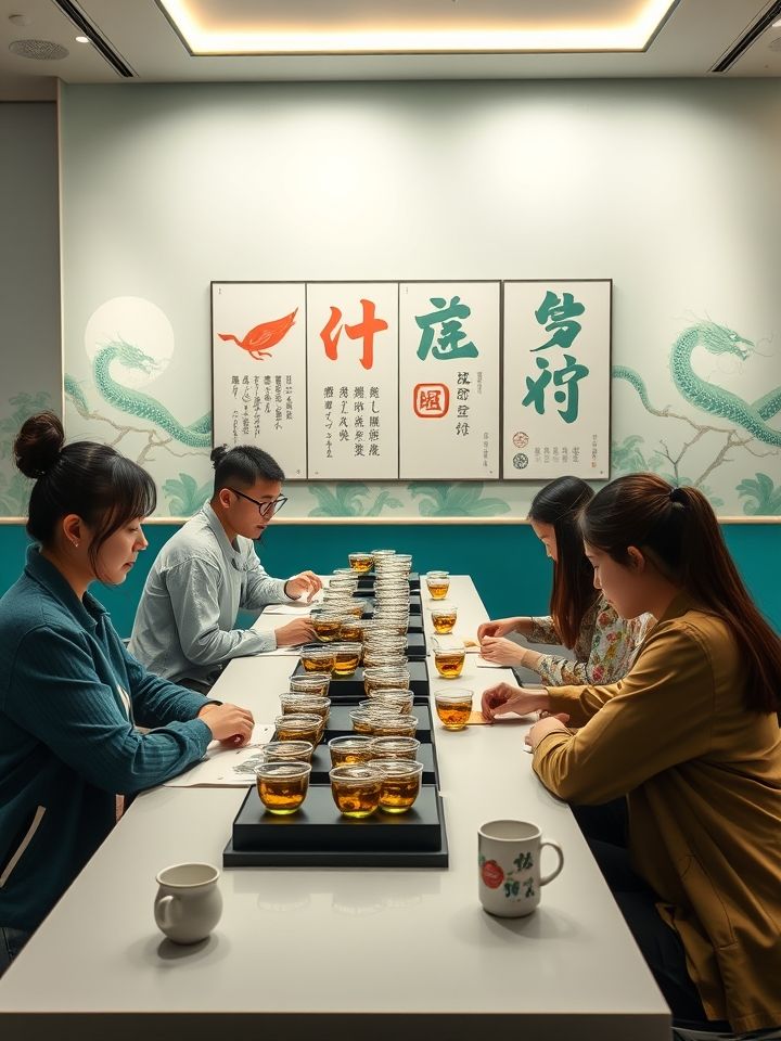 加盟商培训实拍图，学员在明亮操作台前学习冲泡技艺，墙面可见“龙的良方茶饮”标准流程挂画