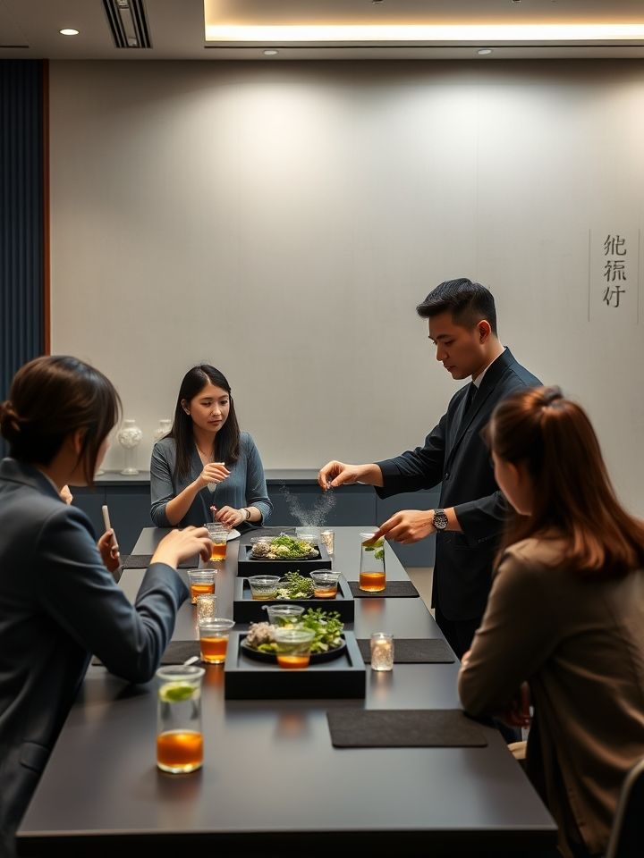 展示加盟商培训场景，专业讲师现场指导饮品制作的互动场景