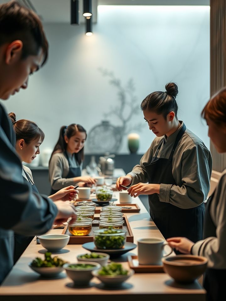 展示加盟商培训现场实拍，呈现茶饮师学习拉花、物料管理的互动场景，强化专业支持形象。