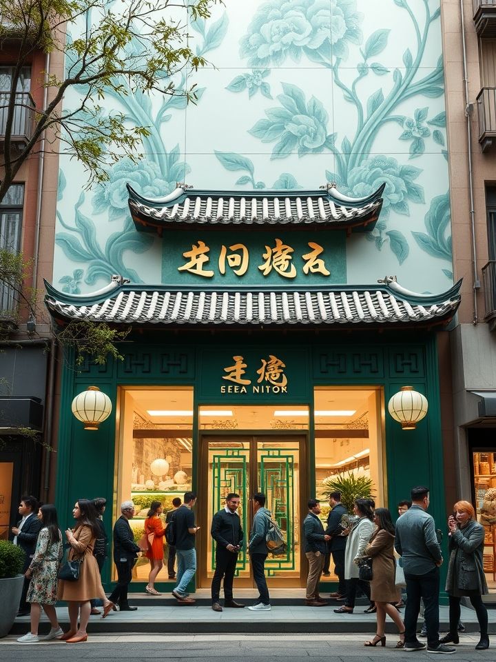 展示新中式风格门店与顾客排队场景的品牌旗舰店实景图