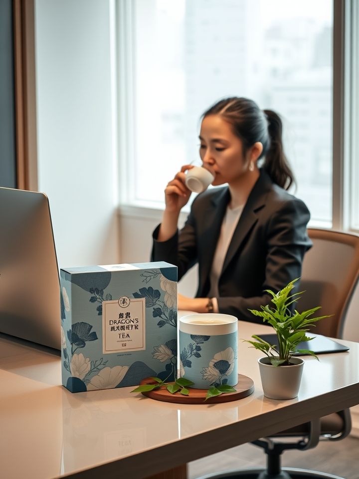 上班族在办公桌前饮用茶饮，桌面摆放“龙的良方式茶”礼盒，展现现代养生方式
