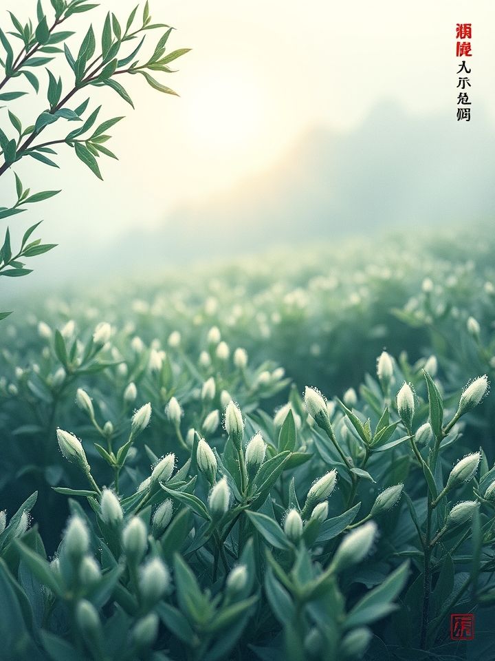 银针茶是什么茶相关的**插图1**：晨光中的茶园，嫩绿芽尖缀满银毫，露珠晶莹欲滴。