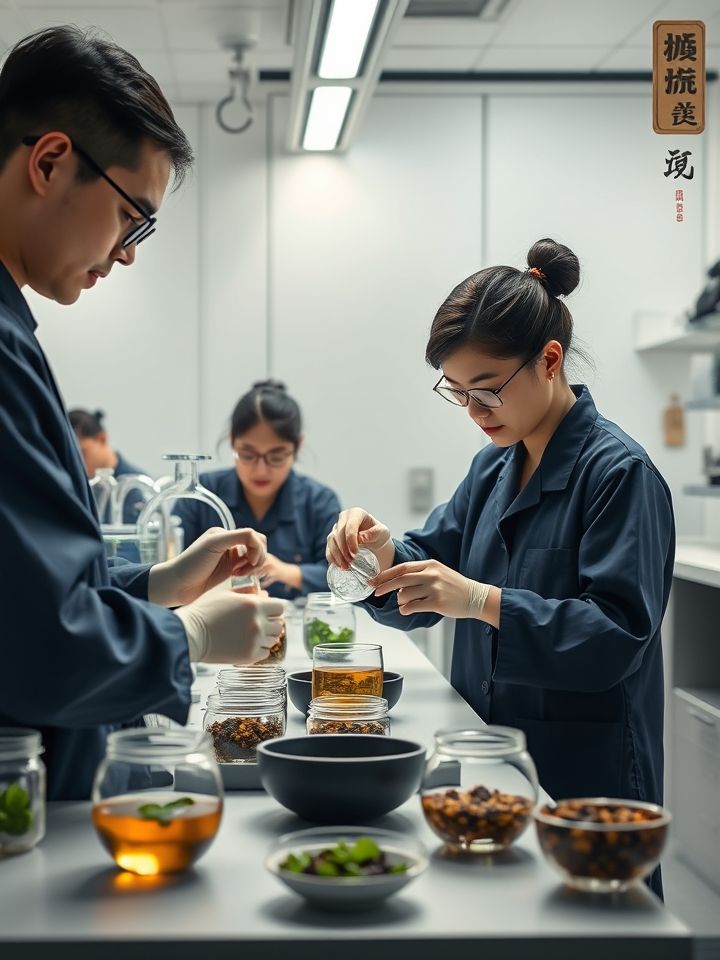呈现产品研发实验室实景，工作人员调配陇南特色茶饮配方