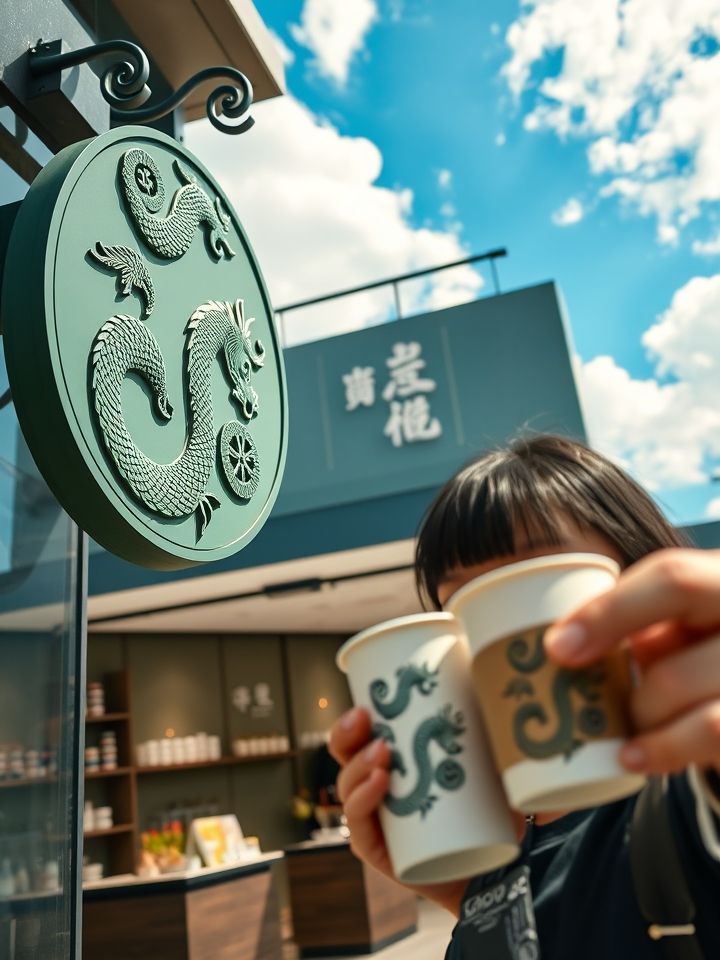 品牌视觉展示，蓝天白云背景下，带有龙纹元素的墨绿色门店招牌特写，柜台陈列招牌龙井鲜奶茶与草原厚乳系列产品，消费者手持印有“龙的良方式茶”logo的杯套自拍