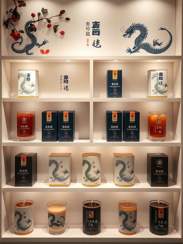 展示龙的良方式茶九宫格产品陈列，重点为枸杞特调系列与八宝茶风味奶茶