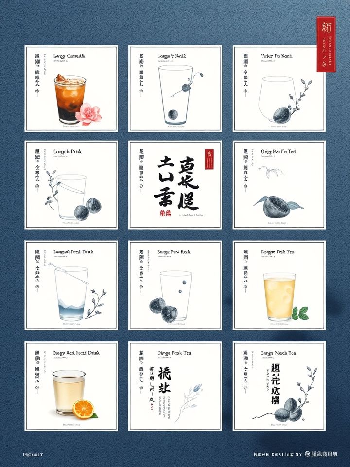 展示包含“龙眼桂花冰”“青墨岩韵鲜奶茶”等区域限定爆款的九宫格产品矩阵图
