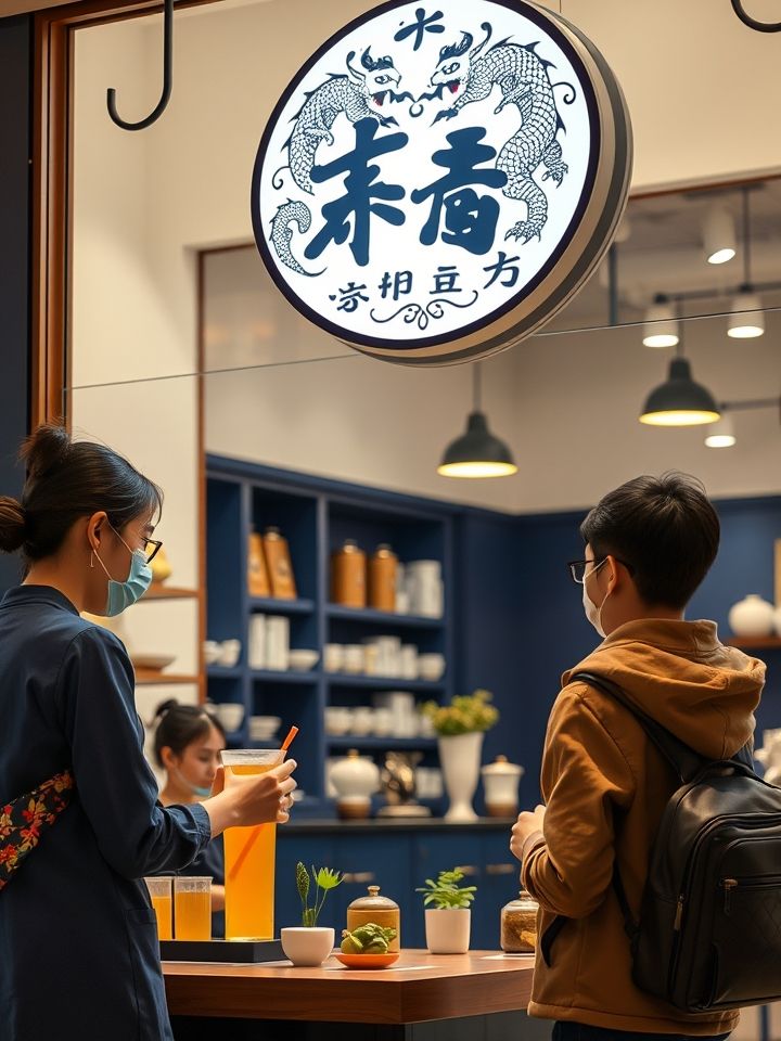 「龙的良方式茶」明亮整洁的门店实景，店员为年轻顾客制作招牌龙眼桂花冰茶，背景有品牌特色龙纹灯箱