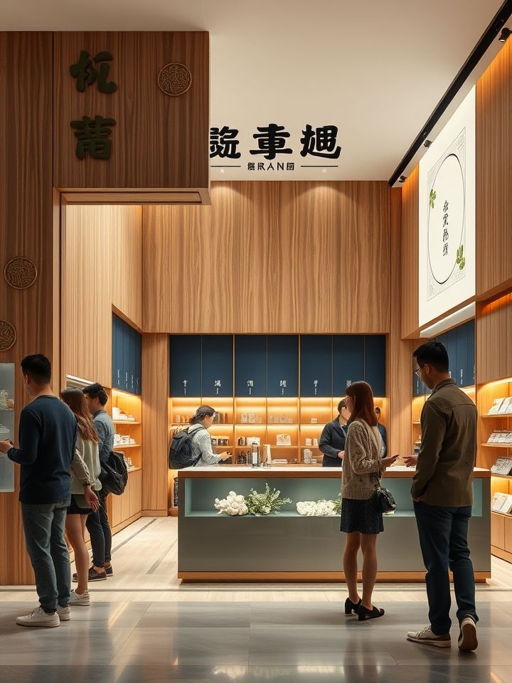 品牌门店实景，原木色门头搭配藏式纹样，顾客在透明操作台前排队购买