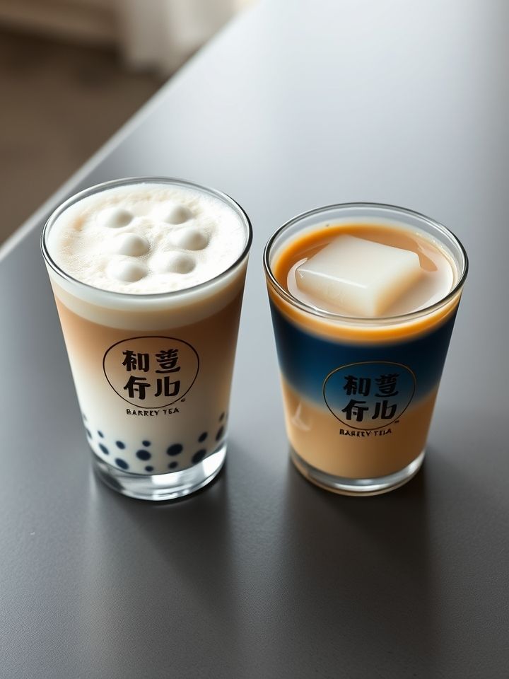 产品组合，青稞爆珠奶茶与酥油茶冻并列摆放，杯身印有藏汉双语LOGO