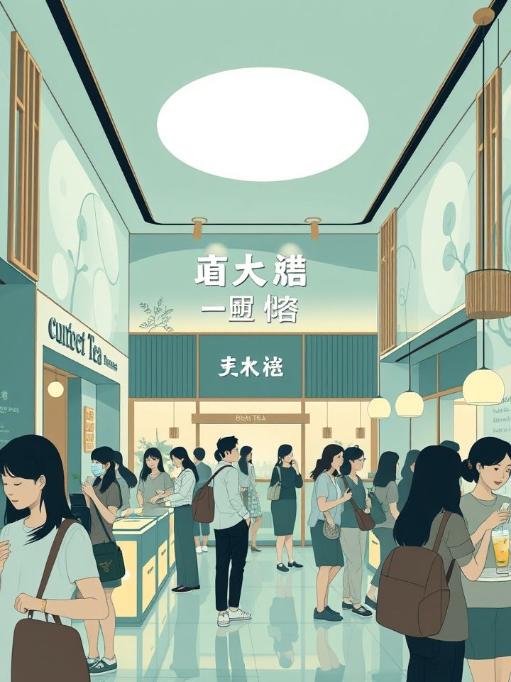 靠谱的奶茶加盟相关的**插图1**：品牌旗舰店实景图（现代简约风门店设计，顾客络绎不绝的场景）