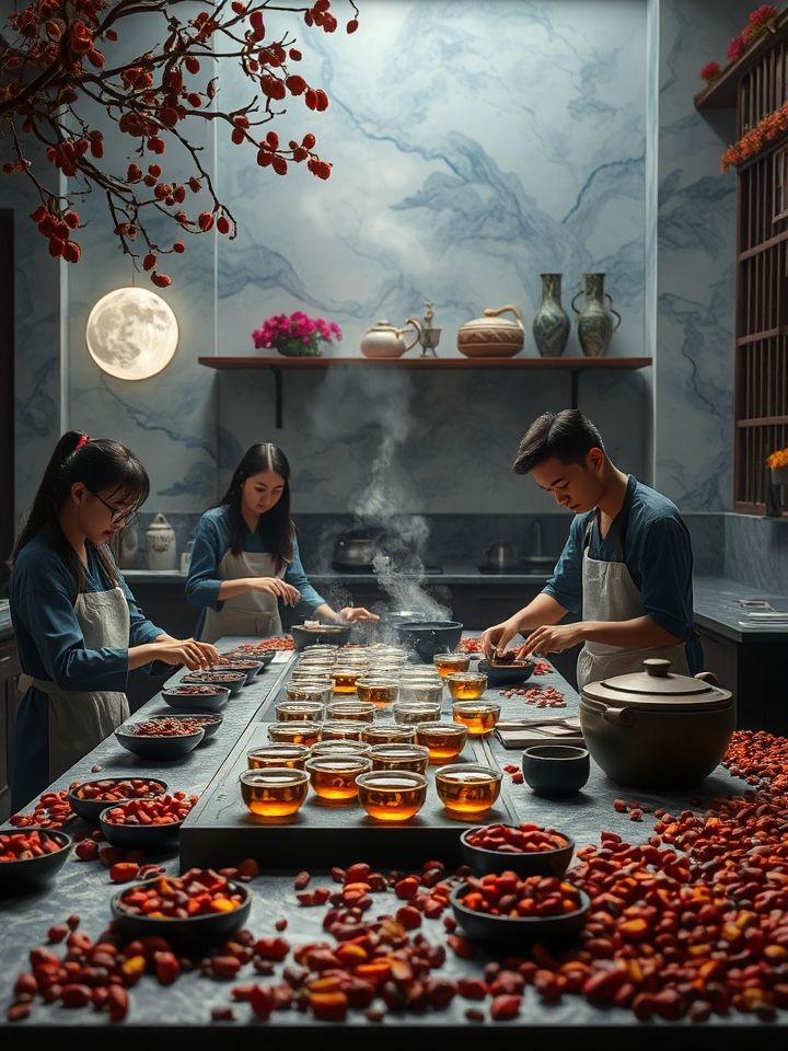 龙的良方式茶研发团队在中央厨房演示古法熬煮，操作台有枸杞等草本原料