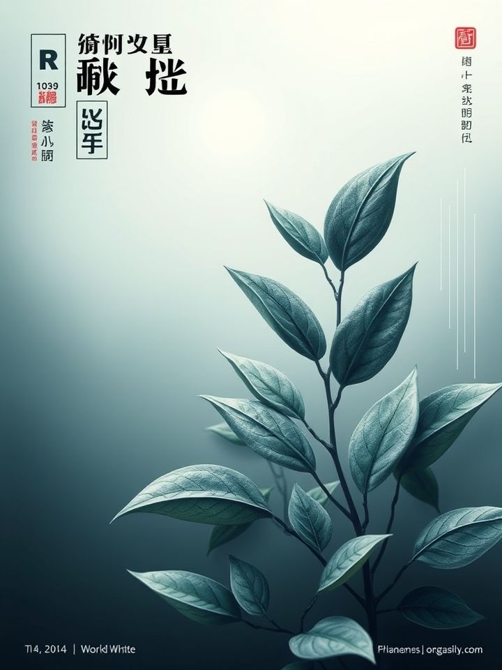 品牌全新升级概念海报，呈现茶叶原料与科技感数据图融合的视觉设计