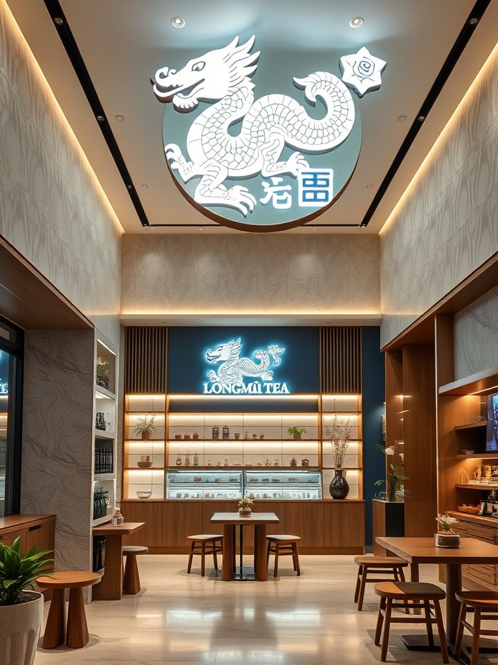 龙的良方式茶第三代门店实景图，明亮空间搭配标志性龙纹灯箱