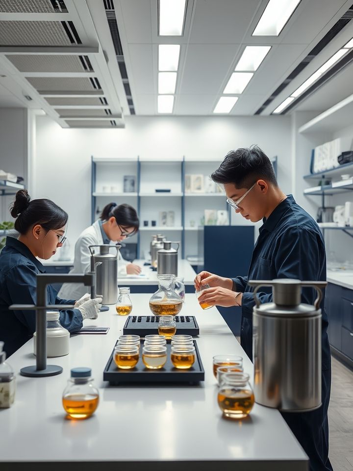 展示品牌产品研发实验室实拍，工作人员正在测试茶叶萃取参数