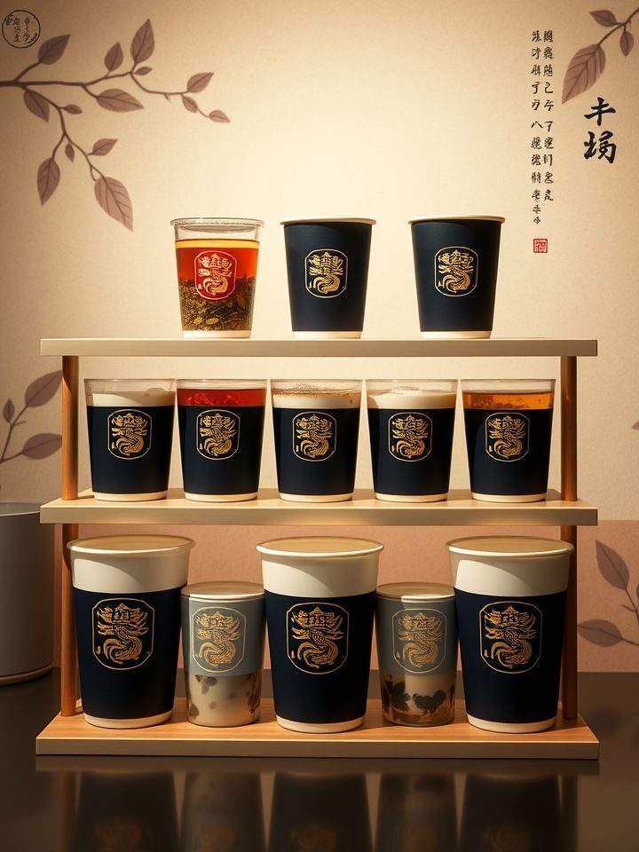展示产品组合陈列图（9宫格呈现招牌饮品+区域限定款，杯身统一烫金龙纹LOGO）