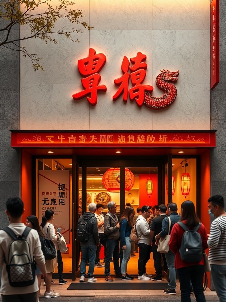 呈现现代化国潮风格门店实景，突出红金主色调门头、顾客排队场景、特色龙纹杯套设计