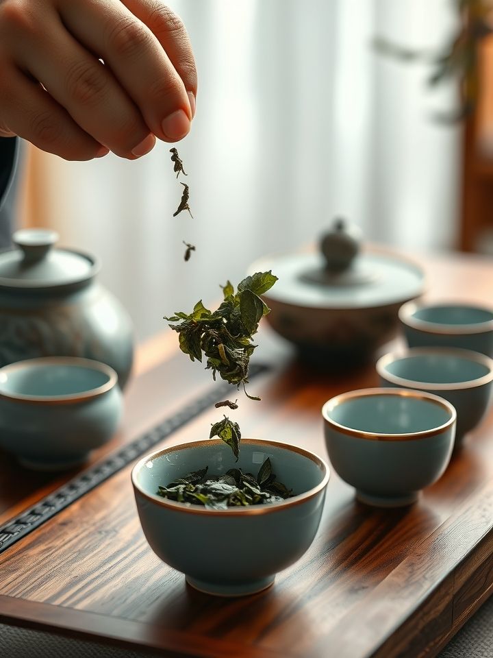 展示茶艺师手工萃取茶叶特写画面，背景为原木色茶台与青瓷茶具，体现传统技艺与现代审美的结合