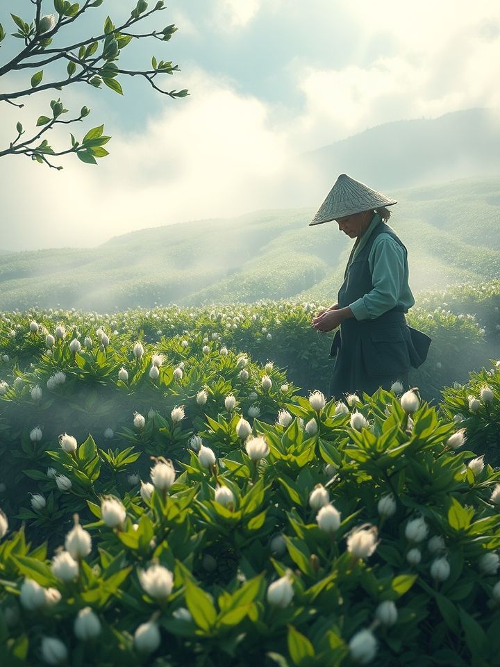 白茶3年成茶7年成药相关的**插图1**：云雾缭绕的生态茶园中，茶农轻采明前白毫银针，嫩芽覆满银绒。（建议配图：晨光下的手工采