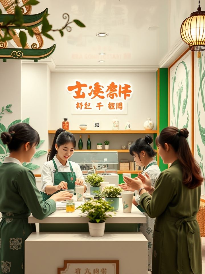 展示明亮整洁的龙的良方奶茶门店实景，店员为顾客递送特色饮品，背景有品牌标志性国风元素装饰