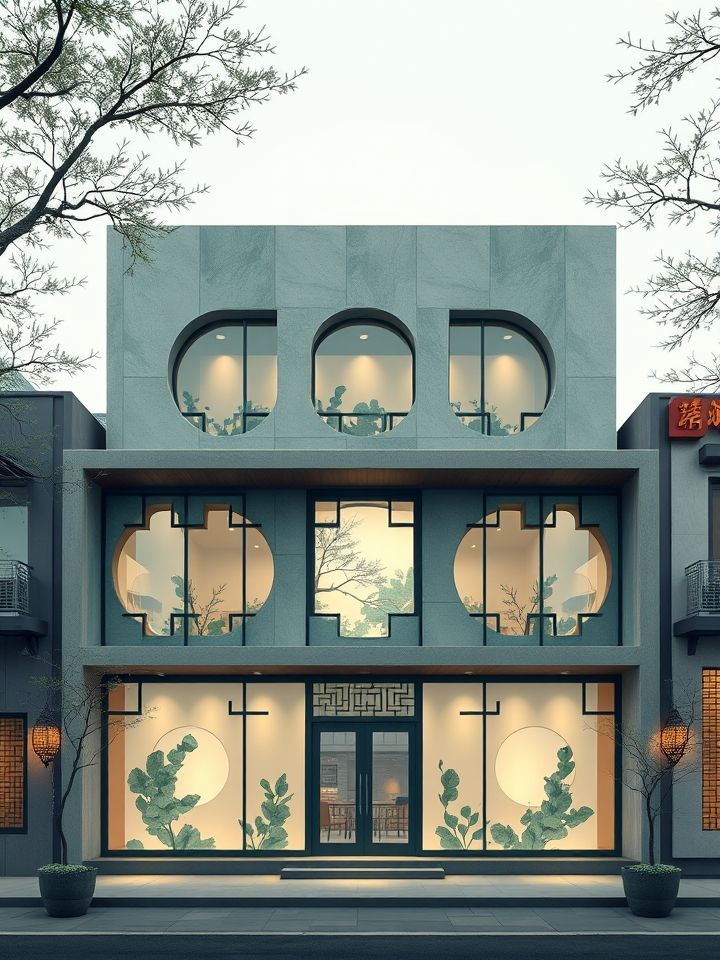 展示三层独栋建筑外立面，巨型镂空茶滤造型橱窗与水墨屏风构成视觉焦点；插图2