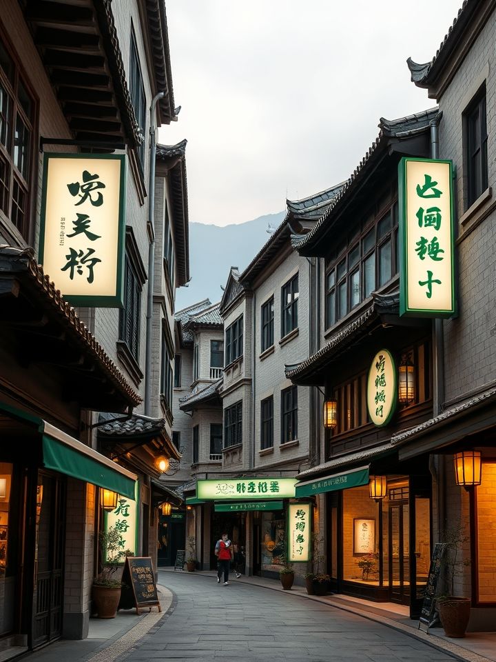 展示天水古城街景与“龙的良方式茶”门店融合实拍，呈现古建筑与现代灯箱招牌交相辉映画面