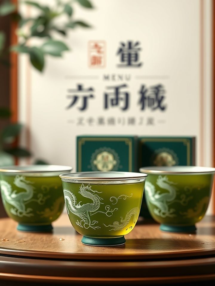 龙的良方式茶时令限定三款新品错落摆放，杯壁有剔透水珠，背景虚化菜单栏突出字样
