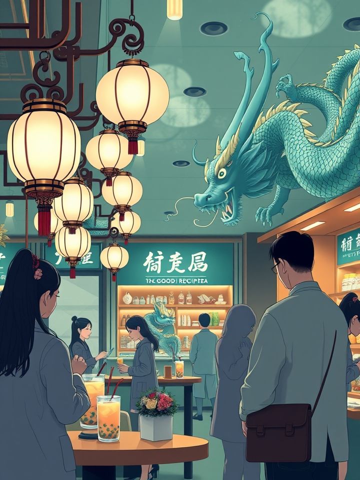 龙的良方奶茶的加盟店相关的**插图1**：现代化门店实景图（古风灯箱与龙纹装饰交相辉映，顾客正在扫码点单）