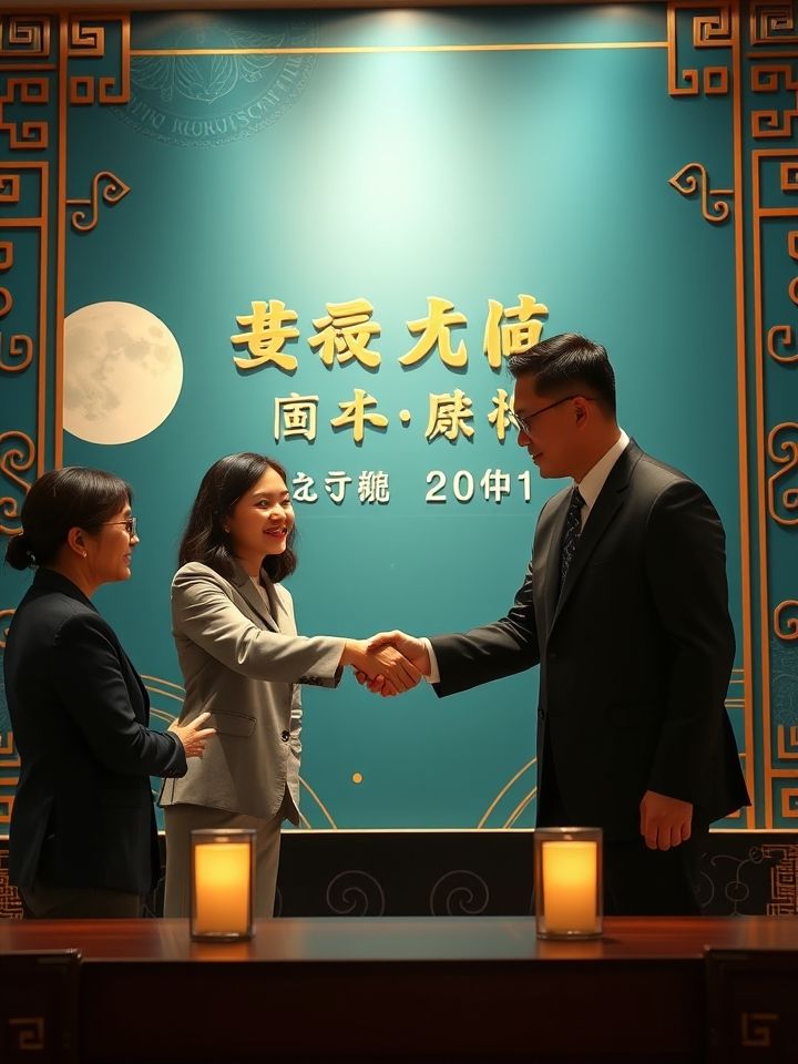 呈现加盟商签约现场，总部代表与创业者握手，背景是“共赢未来”主题签约墙