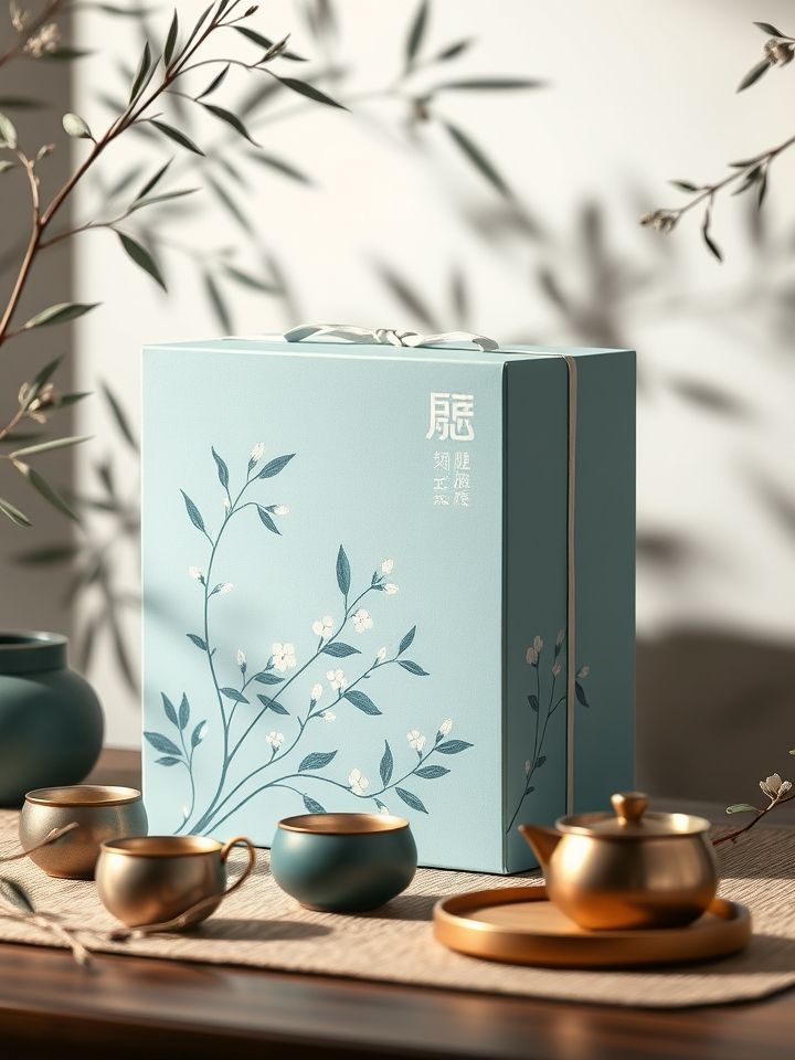 浅青色礼盒搭配手绘柳叶纹，侧方点缀古风茶具，进行产品礼盒与柳枝背景组合展示