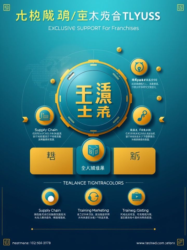 制作动态信息图展示加盟商专属的四大支持体系，用立体图标呈现供应链、培训、营销、研发模块，采用蓝金配色增强科技感