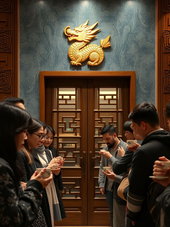 龙的良方式茶门店，木质纹理门头搭配鎏金龙纹logo，顾客手持特色杯装茶饮排队